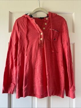 NAUTICA Coral Navy Weathered Hoodie Sweatshirt Coverup Beachy nautical Large